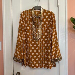 Tory Burch "Gold Diamond Tile" Silk Tunic w Gold Beading - Eveningwear sz 8 NWOT